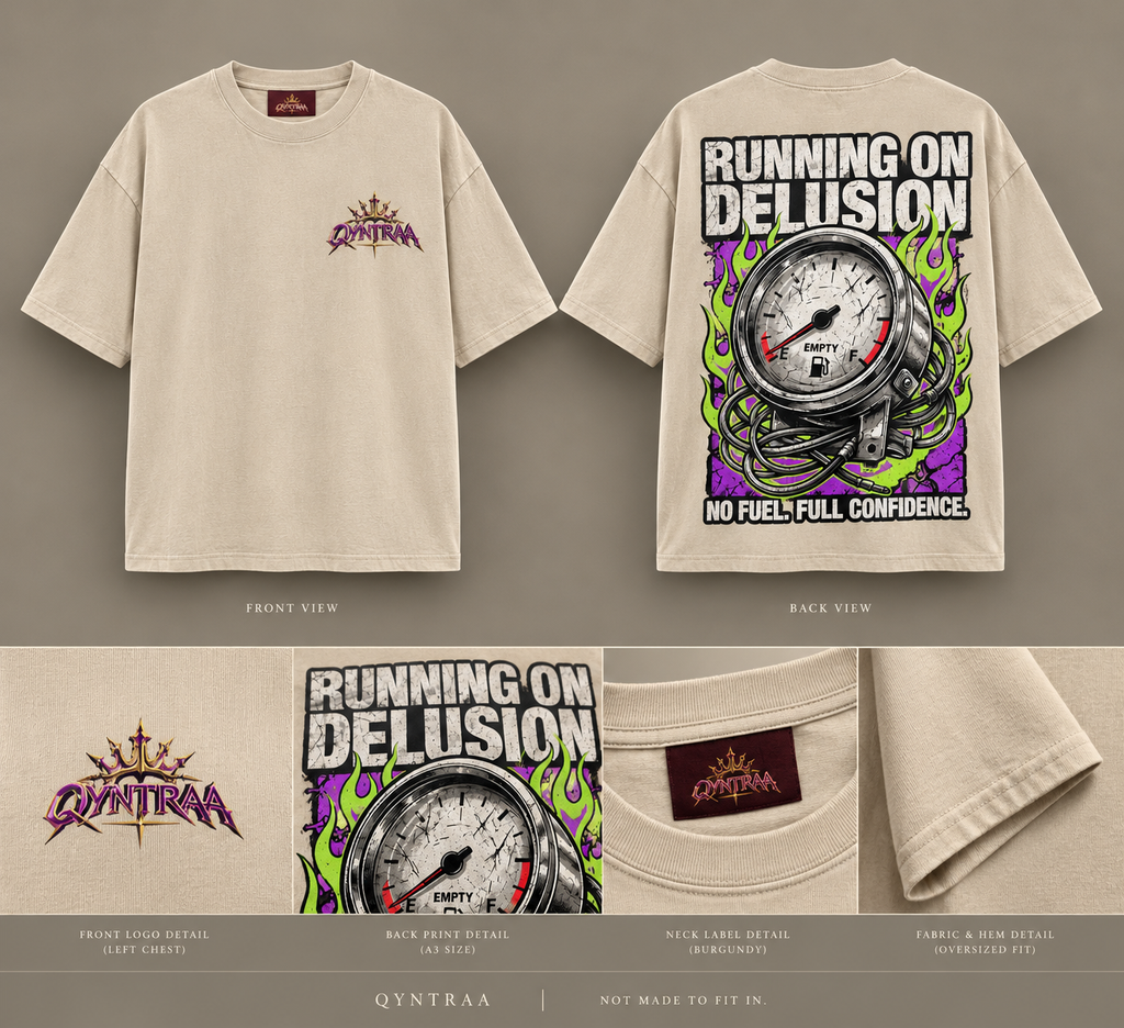 Cream Running on Delusion tee mockup with front and back views, crowned Qyntraa chest emblem, and artwork and garment detail panels