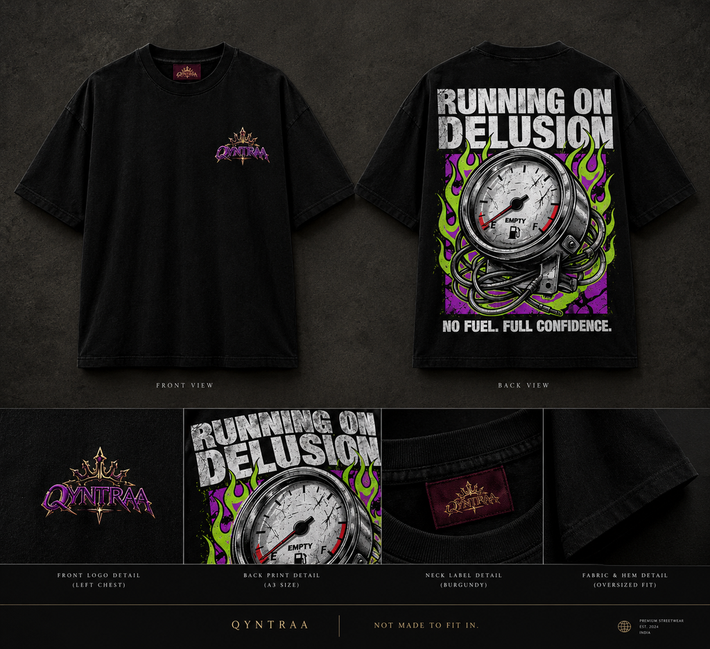 Black Running on Delusion tee mockup showing front and back, crowned Qyntraa chest emblem, and close-up artwork, neck label and hem panels