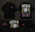 Black Running on Delusion tee mockup showing front and back, crowned Qyntraa chest emblem, and close-up artwork, neck label and hem panels