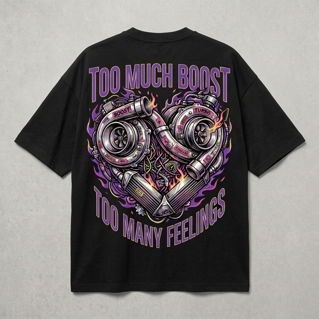 Black oversized drop-shoulder tee with Emotionally Turbocharged back artwork