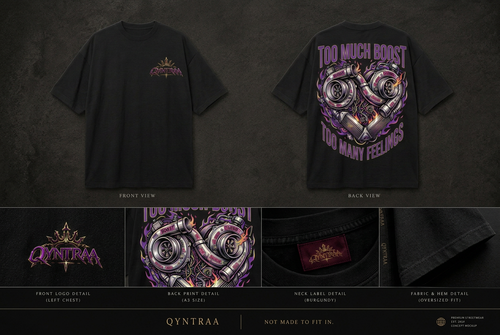 Emotionally Turbocharged black tee concept mockup with front and back views and detailed crowned Qyntraa logo and turbo-heart print panels