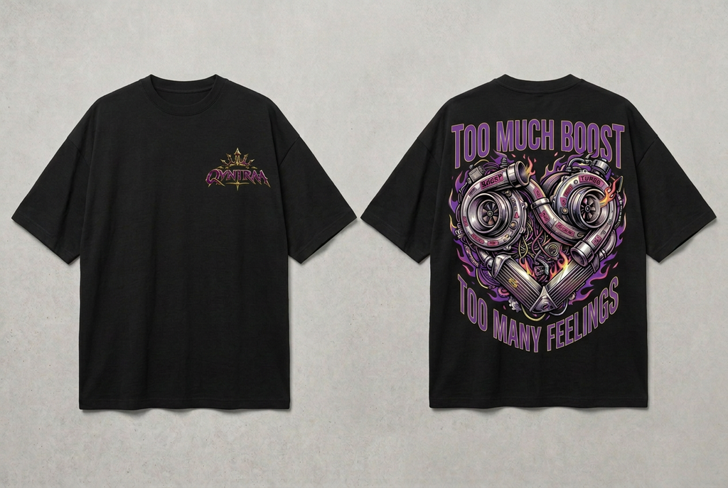 Qyntraa oversized tee with purple-and-lime front logo and turbo back artwork