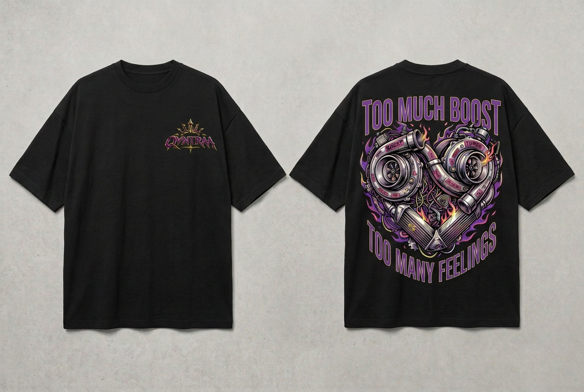 Qyntraa oversized tee with purple-and-lime front logo and turbo back artwork
